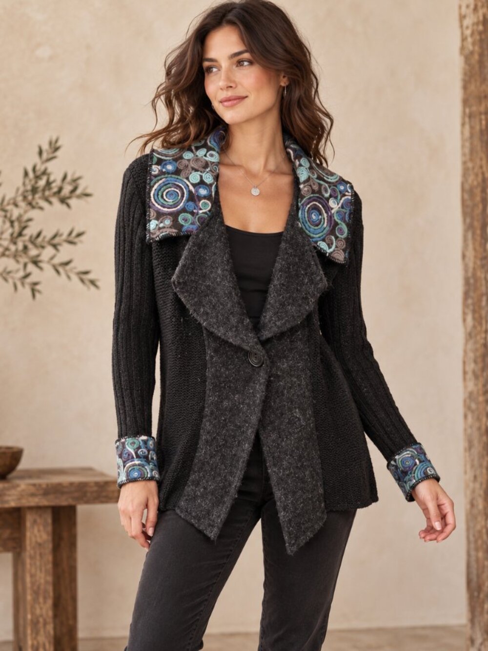 Sioni Black Textured Knit Paisley Shawl Collar Cardigan Sweater Small